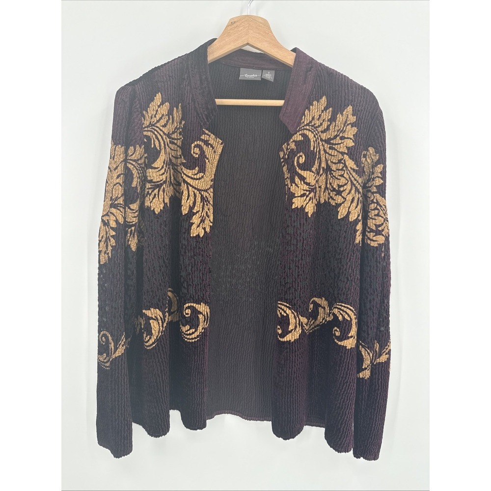 Chico's Travelers Women's Jacket Purple Gold Velvet Cardigan Size 1/Medium Boho